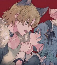  2girls animal_costume animal_ears asahi_rokka bad_id bad_twitter_id bang_dream! black_collar blonde_hair blue_hair blush collar eye_contact face-to-face fangs from_side fur-trimmed_jacket fur_trim green_eyes hair_between_eyes halloween_costume hands_up jacket long_hair looking_at_another multiple_girls open_mouth profile red_background sato_masuki shiontaso shirt short_hair sweatdrop upper_body wolf_costume wolf_ears wrist_cuffs yuri 