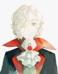  1boy absurdres ascot bags_under_eyes black_cape brooch cape dungeon_meshi elf grey_eyes grey_hair hair_between_eyes hair_over_one_eye highres histafuuka jewelry lazy_eye looking_at_viewer male_focus mithrun multicolored_cape multicolored_clothes notched_ear official_alternate_costume parted_lips pointy_ears red_cape short_hair simple_background solo two-tone_cape uneven_eyes upper_body vampire wavy_hair white_ascot white_background 
