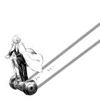  1boy cape collared_cape full_body greyscale hair_over_eyes jacket long_sleeves lupin_iii male_focus mochiko_(33color) monochrome pants pycal riding segway shoes short_hair sweater 
