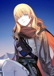  1girl bag blonde_hair blue_sky brown_jacket brown_scarf chinese_commentary clear_sky commentary_request earphones girls_frontline hair_ornament highres jacket long_hair mik_blamike mountain open_clothes open_jacket parted_lips scar-l_(girls'_frontline) scarf sky solo 