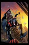  1boy black_border bodysuit border building clouds cloudy_sky commentary english_commentary gloves highres kharyrandolph male_focus marvel mask outdoors scenery sky skyscraper solo spider-man spider-man_(series) sunset superhero_costume western_comics_(style) 