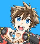  1boy :d black_gloves black_shirt blue_background blue_eyes brown_hair close-up fingerless_gloves gloves head_tilt heart heart_hands heart_in_heart_hands kingdom_hearts kingdom_hearts_ii light_blush looking_at_viewer open_mouth outline shirt short_hair smile solo sora_(kingdom_hearts) spiky_hair sunx7443 tongue white_outline 