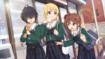  22/7 22/7_ongaku_no_jikan 3girls bag baozi black_skirt blonde_hair blue_hair blurry bow bowtie brown_eyes brown_hair brown_scrunchie closed_mouth collarbone convenience_store depth_of_field dutch_angle eating food fujima_sakura game_cg green_bow green_bowtie green_serafuku hair_ornament hair_over_eyes hair_scrunchie highres holding holding_food hot_dog lens_flare light_particles long_hair long_sleeves looking_at_another multiple_girls non-web_source official_art open_mouth outdoors plaid plaid_skirt plastic_bag pleated_skirt pointing sailor_collar school_bag school_emblem school_uniform scrunchie serafuku shop side_ponytail skirt sparkle takigawa_miu teeth toda_jun upper_teeth_only violet_eyes white_sailor_collar 