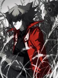  1boy black_shirt brown_eyes cowboy_shot day duel_academy_uniform_(yu-gi-oh!_gx) duel_monster greyscale hair_between_eyes highres jacket long_sleeves looking_ahead male_focus monochrome multicolored_hair nini9275 outdoors pharaoh_(cat) plant red_jacket shirt short_hair smile solo spot_color two-tone_hair winged_kuriboh yu-gi-oh! yu-gi-oh!_gx yuki_judai 
