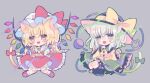  2girls animal_ears ascot bat_wings black_hat blonde_hair blouse bow buttons cat_ears cat_girl cat_tail chibi crystal diamond_button eyeball fanny_pack flandre_scarlet frilled_shirt_collar frilled_sleeves frills green_hair green_skirt hat hat_bow hat_ribbon heart heart_of_string hiyuu_(hiyualice) komeiji_koishi mob_cap multicolored_wings multiple_girls one_side_up puffy_short_sleeves puffy_sleeves red_eyes red_skirt red_vest ribbon shirt short_sleeves side_ponytail skirt skirt_set tail third_eye touhou vest white_hat wide_sleeves wings yellow_ascot yellow_bow yellow_ribbon yellow_shirt 