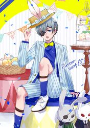  1boy 2024 absurdres adjusting_clothes adjusting_headwear animal_ears bishounen blue_bow blue_eyes blue_hair blue_jacket blue_shirt blue_shorts blue_socks bow bowl bowtie ciel_phantomhive confetti cup earrings easter easter_egg egg eyepatch fake_animal_ears hair_between_eyes hat hat_with_ears highres jacket jewelry kuroshitsuji looking_at_viewer male_focus nya_sa0412 open_mouth rabbit_ears shirt short_hair shorts sitting socks solo string_of_flags striped_clothes striped_jacket striped_shorts stuffed_animal stuffed_rabbit stuffed_toy vertical-striped_clothes vertical-striped_jacket vertical-striped_shorts white_footwear yellow_bow yellow_bowtie 