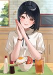  1girl :d bare_arms black_hair black_ribbon blurry blurry_background bob_cut bowl brick_wall chopsticks commentary cup day drinking_glass food fried_egg happy highres ice ice_cube indoors juice mayonnaise_bottle mole mole_under_eye neck_ribbon ootsuka_you open_mouth original own_hands_together puffy_short_sleeves puffy_sleeves red_eyes ribbon rice rice_bowl sausage shirt short_hair short_sleeves smile solo soy_sauce_bottle sparkle watch watch white_shirt 