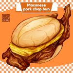  artist_logo bread burger checkered_background egg_(food) food food_focus highres meat no_humans original pork yuki00yo 
