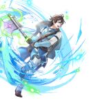  1boy aged_down attack axe brown_eyes brown_gloves brown_hair fire_emblem fire_emblem_awakening fire_emblem_heroes frederick_(child)_(fire_emblem) frederick_(fire_emblem) gloves highres holding holding_axe non-web_source open_mouth pebble pouch shield shield_on_back short_hair solo swinging tagme 