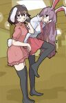 2girls absurdres animal_ears backrooms_(creepypasta) black_eyes black_thighhighs brown_hair carrot_necklace ceiling_light collared_shirt commentary dress floppy_ears foot_out_of_frame full_body headhonchkrow highres holding holding_phone inaba_tewi indoors jewelry long_hair long_sleeves multiple_girls necklace necktie no_shoes open_mouth phone pink_dress pink_necktie pink_skirt pleated_skirt rabbit_ears rabbit_girl rabbit_tail reisen_udongein_inaba shirt short_hair short_sleeves skirt standing standing_on_one_leg tail talking_on_phone thigh-highs touhou very_long_hair white_shirt 
