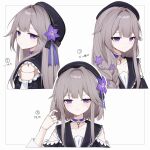  alternate_hairstyle beret black_hat bob_cut braid braided_ponytail brown_hair choker clothing_cutout doll_joints flower grey_hair hair_ornament hat hat_flower herta_(honkai:_star_rail) highres honkai:_star_rail honkai_(series) jewelry joints key key_necklace long_hair looking_at_viewer necklace nirako_mona purple_choker purple_flower short_hair shoulder_cutout simple_background single_braid violet_eyes 