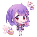  1girl black_jacket blush bow cherry chibi chibi_only food fruit full_body jacket long_sleeves looking_at_viewer macaron no_nose open_mouth original pink_bow pleated_skirt purple_hair purple_skirt red_bow red_eyes serurosu simple_background skirt solo thigh-highs white_background white_thighhighs 