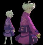  1boy bag bede_(pokemon) black_background blonde_hair closed_mouth coat commentary curly_hair eskey_09 eyelashes leggings long_sleeves looking_at_viewer looking_back male_focus pokemon pokemon_swsh purple_coat reference_inset short_hair smile smug violet_eyes watch watch 