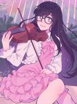  1girl black-framed_eyewear black_eyes black_hair bow bow_(music) character_request copyright_name copyright_request dreamysuite dress frilled_dress frilled_sleeves frills glasses highres holding holding_instrument holding_violin instrument jacket long_hair long_sleeves looking_at_viewer music pink_bow pink_dress playing_instrument sitting smile solo very_long_hair violin white_jacket 
