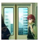  1girl backpack bag black_sweater_vest blush building closed_mouth commentary day girls_band_cry hashtag-only_commentary highres iseri_nina redhead reed_(yms5zyxdjjifxi4) shadow shirt short_sleeves short_twintails smile solo sweater_vest train_interior twintails upper_body white_shirt 