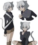  1other :3 androgynous animal_ears black_jacket blue_eyes brown_shorts cat_ears cat_tail commentary fewer_digits highres hunter_x_hunter index_finger_raised indian_style jacket joints looking_to_the_side looking_up multiple_views neferpitou other_focus shorts simple_background sitting standing tail umxx_i upper_body v-shaped_eyebrows white_background white_hair 