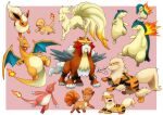  :o absurdres arcanine border charizard charmander charmeleon claws closed_mouth commentary_request cyndaquil entei fangs flame-tipped_tail flareon growlithe highres kaichi_(tomiyu25) ninetales no_humans open_mouth pink_background pokemon pokemon_(creature) quilava signature smile typhlosion vulpix white_border 