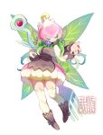  1girl alternate_costume apron black_apron closed_eyes digimon digimon_(creature) dress fairy_wings flower fork grey_hair highres holding holding_fork lilimon monster_girl oversized_object pink_dress plant_hair smile solo wings youzaiyouzai112 