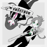  2girls black_skirt green_eyes green_necktie grey_background highres holding_trombone instrument long_sleeves multiple_girls music necktie nishida_satono pink_eyes pink_necktie playing_instrument puffy_long_sleeves puffy_sleeves rotational_symmetry shikido_(khf) skirt smile suit teireida_mai touhou 