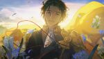  1boy armor black_gloves blue_flower brown_hair cape claude_von_riegan closed_mouth clouds earrings falling_petals fire_emblem fire_emblem:_three_houses flower gloves green_eyes highres jewelry kkia looking_at_viewer male_focus petals short_hair sky smile solo string string_of_fate upper_body yellow_cape 