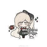  1girl absurdly_long_hair artist_name black_bow black_pantyhose blonde_hair blush_stickers bow bowtie bracelet braid brooch brown_eyes cat chibi chinese_commentary collared_shirt commentary_request commission crown crown_braid danganronpa_(series) danganronpa_2:_goodbye_despair flat_color frilled_skirt frills gem green_gemstone green_skirt green_vest hair_bow highres jewelry kitten long_hair looking_at_viewer mary_janes medium_skirt muko_com no_mouth pantyhose puffy_short_sleeves puffy_sleeves red_bow red_bowtie red_crown red_footwear shirt shoes short_sleeves simple_background skirt skirt_set solo sonia_nevermind sparkle straight-on unworn_crown very_long_hair vest weibo_watermark white_background white_cat white_shirt 