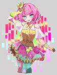  1girl :d bare_shoulders belt commentary_request fingerless_gloves gloves hair_ornament hat highres kamen_rider kamen_rider_ex-aid_(series) looking_at_viewer mole mole_under_eye musical_note necktie open_mouth pink_hair poppi_pipopapo red_eyes short_hair sketch smile solo translated violet_eyes yellow_background zundokochimetarou 