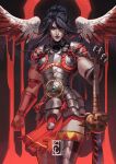 1girl ambiguous_red_liquid angel_wings arm_at_side armor armored_skirt black_background blcackup blood bloody_wings breastplate clenched_hand closed_mouth cuirass cuisses detached_wings facial_mark feathered_wings feet_out_of_frame forehead_mark gauntlets hades_(series) hades_2 hair_bun highres holding holding_weapon looking_ahead looking_at_viewer loose_hair_strand muscular muscular_female nemesis_(hades) ouroridae pale_skin pauldrons pelvic_curtain planted planted_sword purple_lips shoulder_armor single_gauntlet single_vambrace solo standing sword vambraces weapon wings yellow_eyes