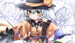  1girl 2024 absurdres artist_name black_hat blush buttons closed_mouth collared_shirt commentary_request dated dated_commentary diamond_button frilled_shirt_collar frilled_sleeves frills green_eyes green_hair green_skirt hair_between_eyes hat hat_ribbon heart heart_of_string highres koishi_day komeiji_koishi long_sleeves outstretched_arm ribbon shirt short_hair skirt smile solo third_eye top-exerou touhou upper_body wide_sleeves yellow_ribbon yellow_shirt 