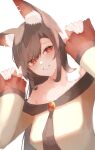  1girl absurdres animal_ear_fluff animal_ears brown_hair commentary highres imaizumi_kagerou long_hair long_sleeves looking_at_viewer pollux368 red_eyes simple_background solo touhou upper_body white_background wolf_ears wolf_girl 
