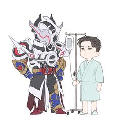  2boys alien armor bbbb_fex black_hair black_hole bodysuit brown_eyes chibi evol_blackhole evol_driver evol_trigger full_armor fullbottle gloves glowing gold_armor helmet hospital_gown intravenous_drip isurugi_souichi iv_stand kamen_rider kamen_rider_build_(series) kamen_rider_evol long_sleeves male_focus multiple_boys red_eyes rider_belt science_fiction short_hair shoulder_armor shoulder_spikes spikes tokusatsu white_armor 