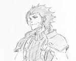  1boy armor black_hair closed_mouth earrings final_fantasy final_fantasy_vii final_fantasy_vii_rebirth final_fantasy_vii_remake hair_slicked_back jewelry looking_to_the_side male_focus medium_hair rakusakugk scar scar_on_cheek scar_on_face shoulder_armor sideburns single_earring sketch sleeveless sleeveless_turtleneck smile solo suspenders turtleneck upper_body white_background zack_fair 