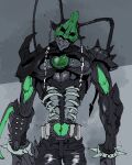 antennae armor asymmetrical_armor black_armor bracelet contrapposto evil_grin evil_smile grin highres ichitaka_(1015ichitaka) jewelry joker_(blade) kaijin kamen_rider kamen_rider_blade_(series) monster no_humans ribs shadow sharp_teeth smile spiked_bracelet spikes teeth undead zombie