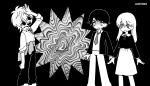  1girl 2boys arm_up character_request clothes_around_waist collared_shirt copyright_request empty_eyes greyscale jacket jacket_around_waist jihecchi long_hair long_sleeves looking_at_viewer mesmerizer_(vocaloid) monochrome multiple_boys necktie open_mouth pants scared sharp_teeth shirt skirt smile standing sweat teeth 