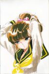  1980s_(style) 1girl bow brown_hair cream_lemon green_eyes hair_bow half-closed_eyes highres long_hair long_sleeves marker_(medium) non-web_source official_art oomori_midori ponytail retro_artstyle sailor_collar scan school_uniform shingyouji_tatsuya solo traditional_media tying_hair upper_body 