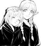  2girls black_robe blush braid chinese_commentary closed_eyes closed_mouth commentary_request dungeon_meshi elf facing_viewer falin_touden falin_touden_(tallman) greyscale hand_on_another&#039;s_head hand_up hood hood_down hooded_robe long_sleeves looking_at_another marcille_donato monochrome multiple_girls parted_lips pointy_ears robe short_hair simple_background smile twin_braids upper_body white_background yakifalin 