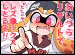 1girl @_@ artist_self-insert beanie blush eromame fang hat hood hoodie inkling inkling_girl inkling_player_character jersey looking_at_viewer nintendo pointing pointing_at_viewer solo splatoon_(series) tentacle_hair thick_eyebrows