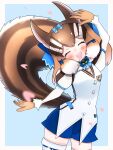  1girl abb2229 absurdres animal_ears blue_background brown_hair chipmunk_ears chipmunk_girl chipmunk_tail extra_ears gloves highres kemono_friends kemono_friends_v_project looking_at_viewer microphone ribbon shirt short_hair shorts siberian_chipmunk_(kemono_friends) simple_background solo tail thigh-highs vest virtual_youtuber 