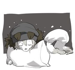  animal animal_focus beanie brown_background closed_eyes clothed_animal commentary_request dog full_body fur_collar grey_hair hat jacket lying no_humans original pillow short_hair sleeping solo wintom 