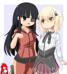  ... 4girls :d ? ahoge black_bow black_bowtie black_corset black_hair blonde_hair blunt_bangs blush bow bowtie breasts brown_eyes brown_hair cat_hair_ornament commentary_request corset cowboy_shot crossover expressionless eyepatch fang hair_between_eyes hair_ornament high_school_dxd hime_cut jacket lets0020 long_bangs long_hair long_sleeves looking_at_another looking_to_the_side low_twintails medium_bangs medium_hair mirai_(senran_kagura) multiple_girls o_o open_mouth pants pleated_skirt purple_background red_jacket redhead rias_gremory ryoubi_(senran_kagura) senran_kagura senran_kagura_new_link shirt short_sleeves skirt small_breasts smile spoken_ellipsis spoken_question_mark toujou_koneko track_jacket track_pants track_suit twintails white_shirt yellow_eyes 