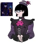  1girl black_lips blue_hair goth_fashion hat lipstick makeup officeanomaly scene_reference scooby-doo scooby-doo_(character) simple_background skull_ornament velma_dace_dinkley white_background 