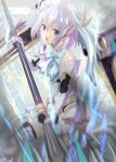  1girl alternate_costume artina bare_shoulders blue_eyes bridal_veil date_a_live highres holding holding_polearm holding_weapon mecha_musume neck_ribbon open_mouth polearm ribbon short_hair solo tobiichi_origami veil weapon white_hair white_ribbon 