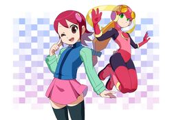  2girls black_bodysuit black_thighhighs blonde_hair blue_shirt bodysuit brown_hair elbow_gloves gloves green_eyes helmet kaidou_zx leotard looking_at_viewer mayl_sakurai_(mega_man) mega_man_(series) mega_man_battle_network_(series) multiple_girls one_eye_closed pink_gloves pink_hair pink_helmet pink_leotard pink_skirt roll.exe_(mega_man) shirt short_hair skirt smile teeth thigh-highs upper_teeth_only 