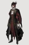  1girl absurdres black_dress bloodborne cape character_request dress hanny_(uirusu_chan) highres looking_at_viewer pale_skin red_dress redhead solo tagme white_background 