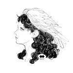  1girl artist_logo artist_name breasts cropped_head earrings eyeliner feathered_wings forehead from_side godiva_ghoul greyscale head_wings jewelry lips looking_ahead makeup medium_breasts monochrome multiple_earrings nose original profile solo wavy_hair wings 