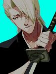  1boy a_nzi_end black_shirt bleach blonde_hair blue_background blue_eyes hair_over_one_eye highres holding holding_sword holding_weapon kira_izuru looking_down male_focus one_eye_covered parted_lips portrait reverse_grip shihakusho shinigami shirt signature solo sword upper_body weapon zanpakutou 