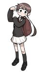  1girl :&lt; backpack bag bandaid bandaid_on_knee bandaid_on_leg black_eyes black_footwear black_shirt black_socks brown_hair clenched_hand flexing full_body hand_up highres kneehighs loafers long_hair long_sleeves looking_at_viewer low_twintails original sailor_collar shirt shoes skirt socks solo takurada twintails white_sailor_collar white_skirt 