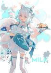  ! 1girl :d absurdres animal_ears apron aqua_ribbon arm_behind_back bare_shoulders blue_eyes bow cat_ears cat_girl cat_tail character_name copyright_name detached_sleeves food fruit gloves hair_bow highres holding holding_plate holding_tray leg_ribbon lobelia_(saclia) looking_at_viewer maimai_(game) milk_(maimai) open_mouth orange_(fruit) orange_slice plate puffy_shorts puffy_sleeves ribbon shirt short_hair short_sleeves shorts smile solo standing tail thigh-highs thigh_ribbon tray virtual_youtuber white_background white_gloves white_hair white_shirt white_thighhighs x zettai_ryouiki 