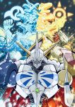  absurdres agumon armor blue_armor cape colored_skin cyborg digimon digimon_(creature) digimon_adventure digimon_adventure:_bokura_no_war_game dinosaur dragon emblem energy_wings gabumon garurumon glowing green_eyes greymon helmet highres horns looking_at_viewer mechanical_wings metalgarurumon metalgreymon omegamon orange_skin red_cape redhead robot sawa_d sharp_teeth shield short_hair shoulder_armor shoulder_cannon single_horn spikes spiky_hair teeth two-sided_cape two-sided_fabric upper_body wargreymon weregarurumon werewolf white_cape white_skin wings wolf yellow_armor 