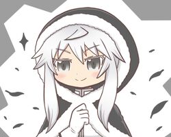  1girl bad_id bad_twitter_id black_cloak cloak closed_mouth commentary_request corbeau_(madoka_magica) feathers gift_art gloves grey_background grey_eyes grey_hair hair_between_eyes hand_up hood hood_up hooded_cloak long_hair looking_at_viewer magical_girl mahou_shoujo_madoka_magica mahou_shoujo_tart_magica reverse_(bluefencer) sidelocks smile solo sparkle upper_body white_gloves 