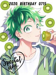  1boy 2020 boku_no_hero_academia closed_mouth food freckles fruit green_eyes green_hair green_hoodie happy_birthday highres holding holding_food holding_fruit hood hooded_jacket hoodie jacket kiwi_(fruit) male_focus midoriya_izuku shirt short_hair simple_background solo ume_(326310) white_background white_shirt 